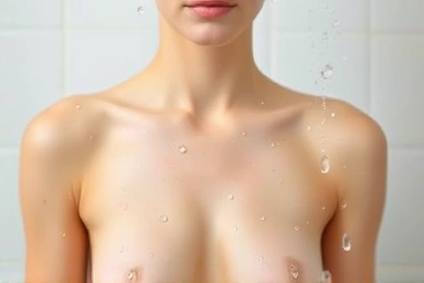 Clean shower scene with water droplets on smooth skin, conveying freshness and renewal.